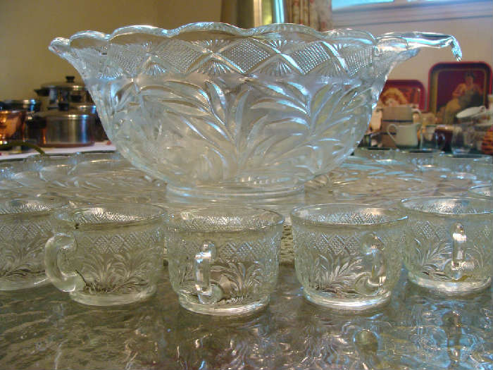 Beautiful large vintage Smith Glass punch bowl set very large platter, bowl, and at least 24 matching cups