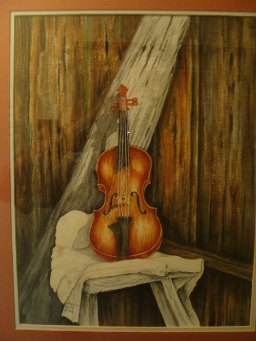 Versatility in the paintings of Marie Lish is evident in this beautiful painting of a lone violin. It reminds of the story of the old violinist when he picked up the violin and began to play.