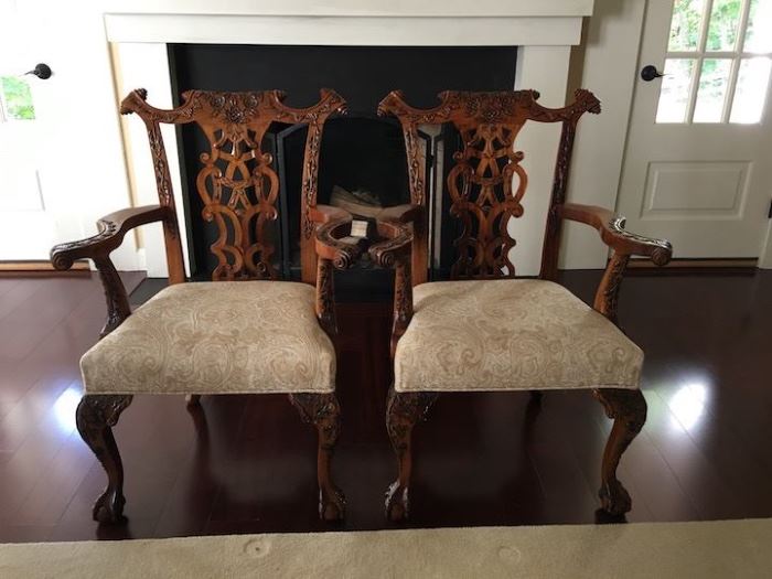 Pair of incredible Chippendale chairs with custom upholstery
