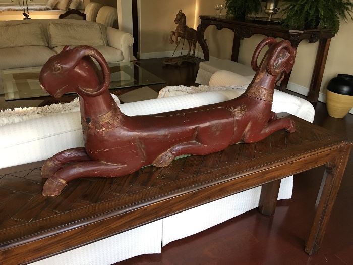 Large piece -- perfect mantel decor!  Has a condition issue - the ibex / goat on the left has a missing antler in the back and a missing beard -- but still makes an impact.