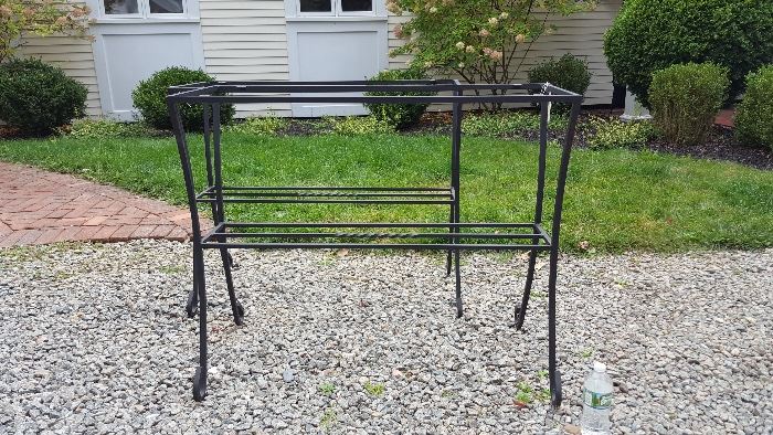 These are two NEW cast iron table bases. Just add a glass top, reclaimed wood top or a live-edge wood top for a custom look. Perfect tall tables for a console, entry, deck, sideboard, anything.
