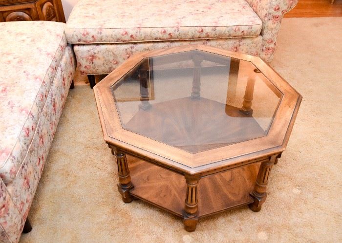 Vintage Wood & Glass Octagonal Coffee / Cocktail Table
