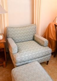 Vintage Armchair & Ottoman with Flame Upholstery