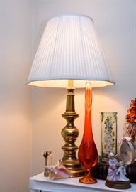 Brass Table Lamp, Orange Swung Glass Vase, Etc.