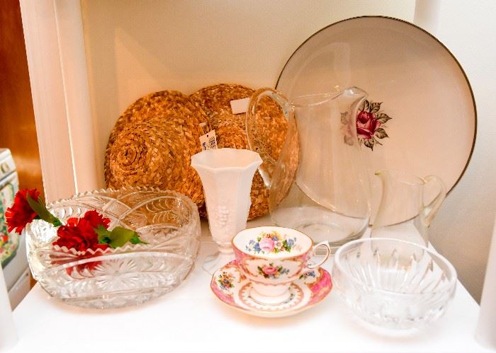 Vintage China, Crystal Bowls, Milk Glass Vase, Vintage Cabbage Rose Teacup