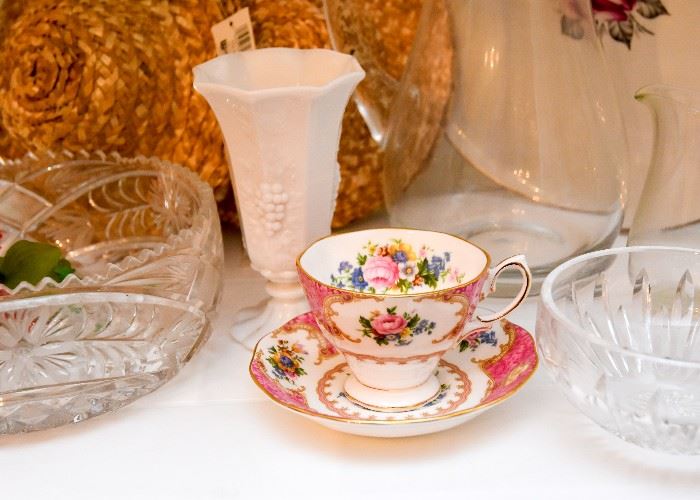 Crystal Bowls, Milk Glass Vase, Vintage Cabbage Rose Teacup
