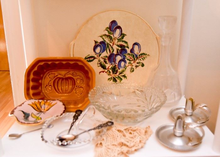 Vintage China, Crystal Bowl, Glass Decanter, Decorative Food Mold (Pumpkin), Vintage Aluminum Candlesticks, Etc.