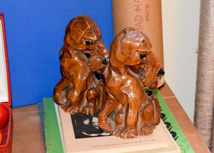 Wood Carved Dog Bookends