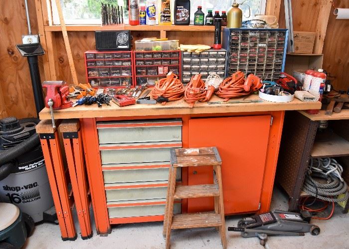 Work Bench / Tool Chest, Saw Horses, Tools, Etc.