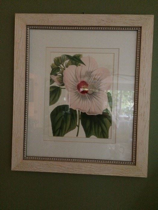 Fabulous framed art work in the house. Floral print shown. One of three. Sold as a set. Ethan Allen.