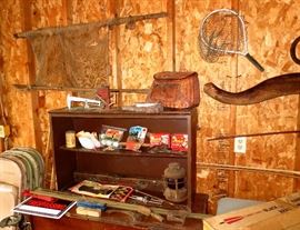 Old trout fishing creel, rods, Acme egg grading scale, Marine or nautical lantern, vintage tools