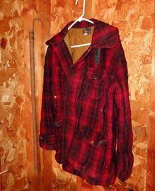 Vintage Woolrich red/black plaid hunting jacket with pants, old fish gaff