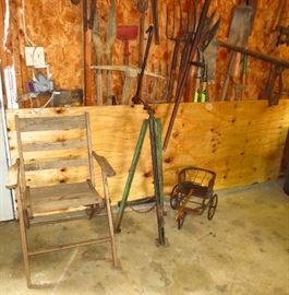 Vintage folding chair, jack, buggy and old farming tools