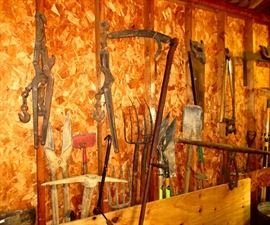 Vintage Come Along Chains, Hay Sickles, Saws, Hay Tongs, Old Pitchforks 
