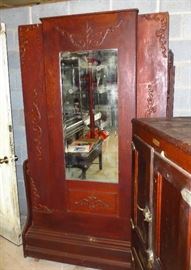 Carved Oak Mirrored Murphy Bed (drops down from wall)