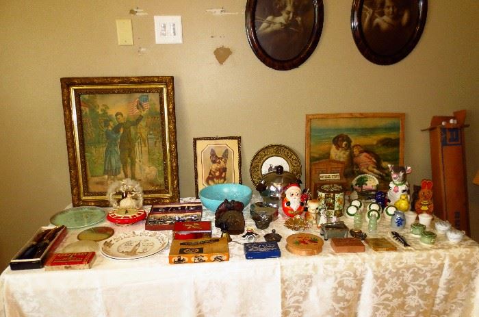 Vintage prints, Retro red kitchen clock, salt & peppers, German Shepherd Dog print