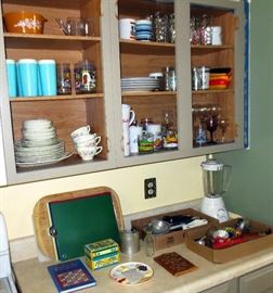 Vintage kitchen utensils, glassware, collectible Garfield glasses, Retro blue plastic tumblers