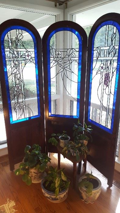 Hand crafter, signed, stained glass folding screen - may be used flat or folding.