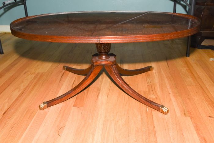 Vintage Duncan Phyfe Coffee Table With Glass Top And Metal Cap Claw Feet