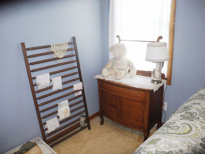 Antique dresser w/harp, vintage hankies