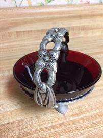 Ruby Red bowl in footed hammered aluminum basket