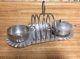 Aluminum cream and lidded sugar with caddy.