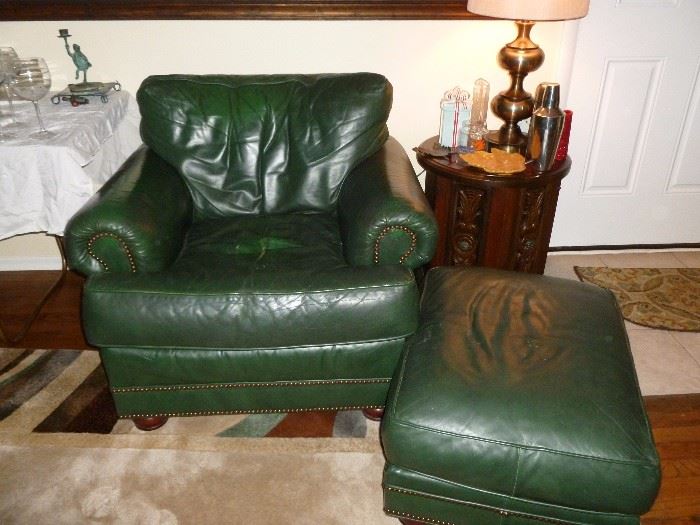 Green Leather Chair & Ottoman