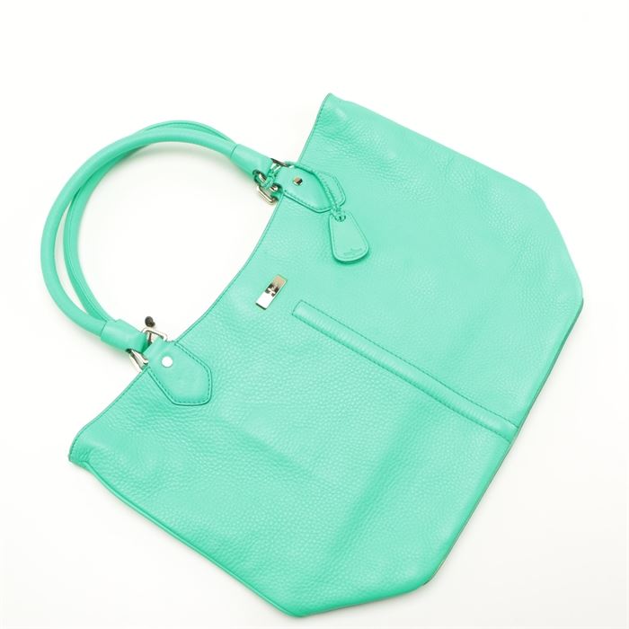Cole Haan Serena Mint Leather Tote: A Cole Haan Serena mint leather tote. The tote is fashioned with dual rolled handles in a bright mint green-hued pebbled leather with gold-tone hardware and branded emblem. The open top reveals the signature print gray lining with a side zippered pocket, slip pockets, key fob and branded leather tag.