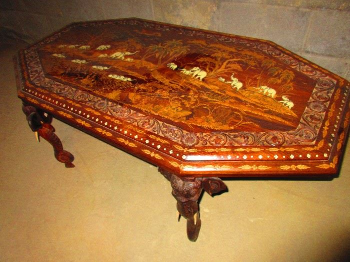 Elephant Motif Hand Carved Table with Natural Inlay, origin; India