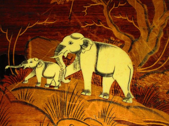Detail of Elephant Motif Hand Carved Table with Natural Inlay, origin; India