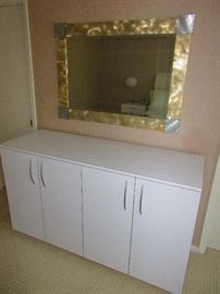 Polished Metal Mirror and Custom Cabinet in White