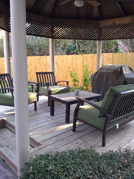 Wooden patio furniture with cushions 4 piece set. Gas grill