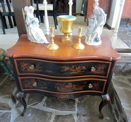 Asian motif cabinet, Lladro, Nao, and brass accessories