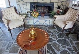 Pair of antique French Provincial chairs (Louis XVI style) and middle eastern copper top table
