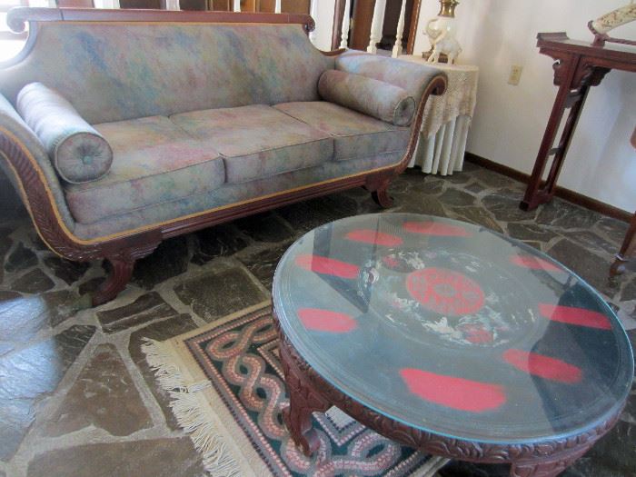 Antique Asian table with glass cover and antique sofa American empire federal style