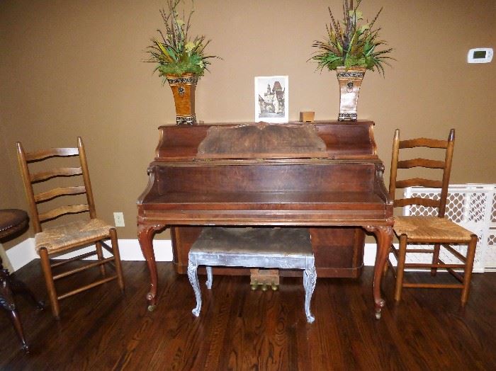 Antique flame mahogany piano with bench