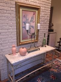  Beautiful entry table concrete and wrought iron, Wooden duck, metal dual candle stand 