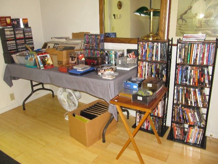 Dozens of DVDs and vinyl records