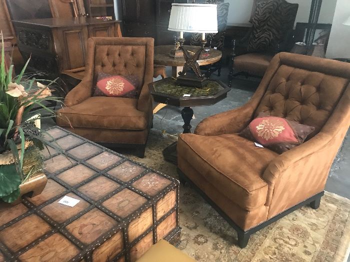 Robb & Stucky suede tufted chairs and Ladlows 10 by 12 rug