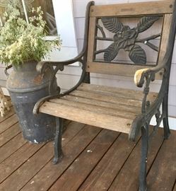 Milk can and heavy wrought iron Magnolia chair