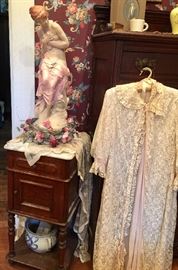 Commode cabinet, vintage clothing, (including wedding dresses) and linens, antique chest of drawers 