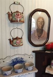 Black Americana framed portrait, enamelware canisters