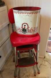 Red kitchen stool and vintage trash can 