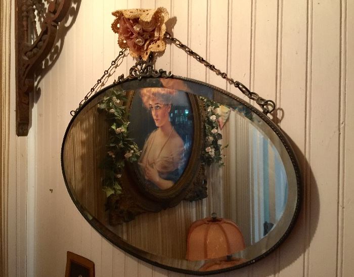 Beveled glass antique mirror with chain 