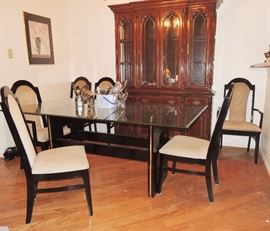 Bassett Black Lacquer Dining Table with 6 chairs.  Traditional china cabinet 