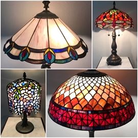 Lead glass Dale Tiffany Wisteria lamp 
Quoizel stained glass Arts Crafts lamp 
Dragonfly and Peacock stained glass lamps 