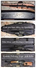 •Browning 12gauge 
•Colt AR15 SporterII
•Tikka M695
•Vyatski Pilyany Vepr .308