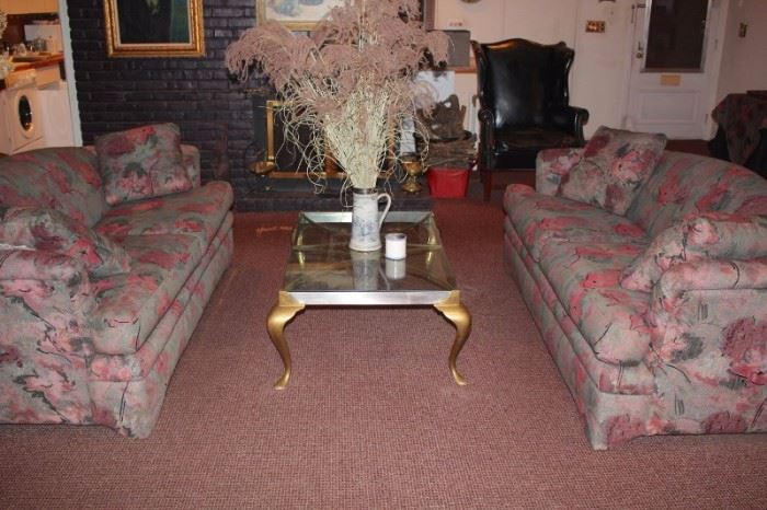 Pair of Sofas with Metal & Glass Coffee Table and Decorative