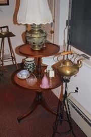 2 Tier Round Side Table, Lamp  and Metal Tea Pot with Bric-A-Brac