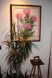 Art and Potted Plant with Antique Iron and Small Stand/Table